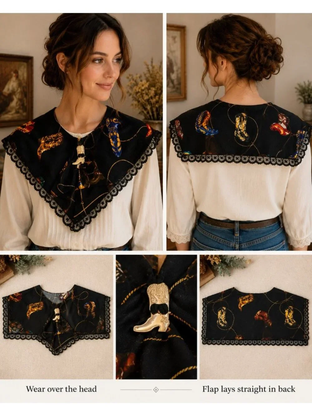 Handmade Vintage Western Cowboy Boot Print Lace Collar Capelet Scarf Gold Tone B